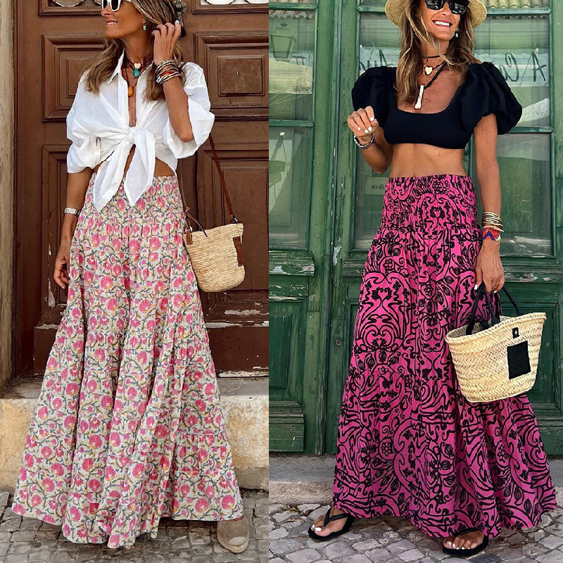 2023 Summer Floral Maxi Skirt with Elastic Waist