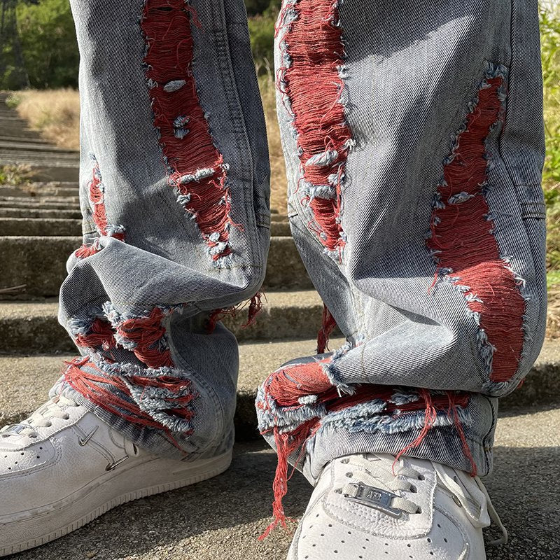 Hip Hop Distressed Straight Leg Denim Pants with Embroidery