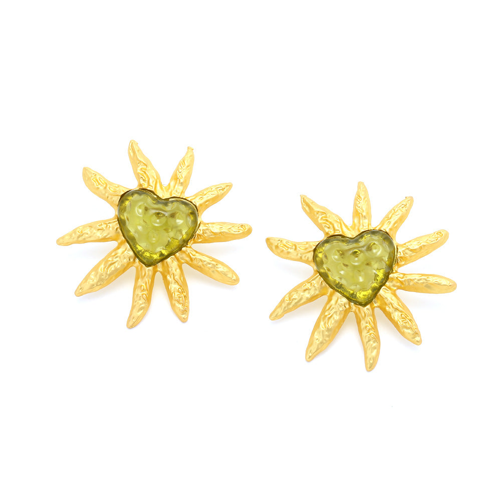 Vintage Heart Sunflower Earrings with Silver Pins for Women