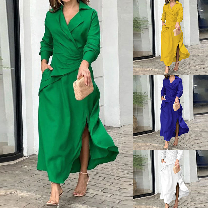 Autumn New Women's Casual Solid V-Neck Long Sleeve Dress