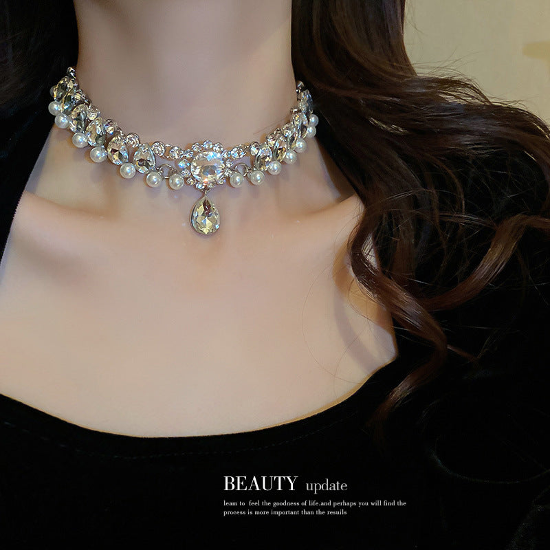 Korean Luxury Rhinestone Bow Pearl Tassel Necklace