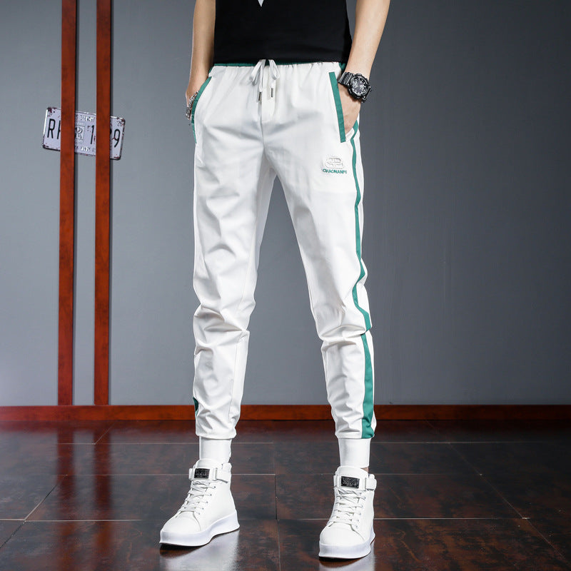 Men's Slim Fit White Sports Pants with Stripes