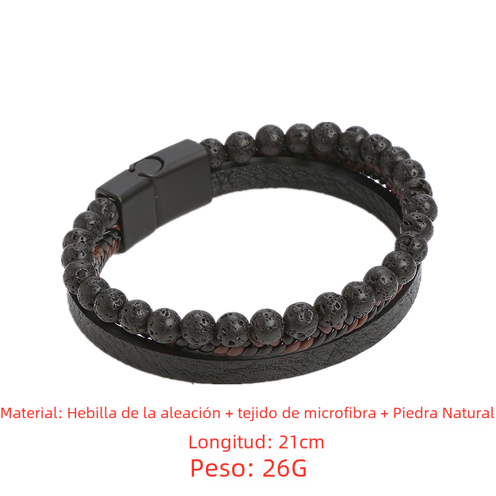 Men's Leather and Natural Stone Volcano Rock Bracelet