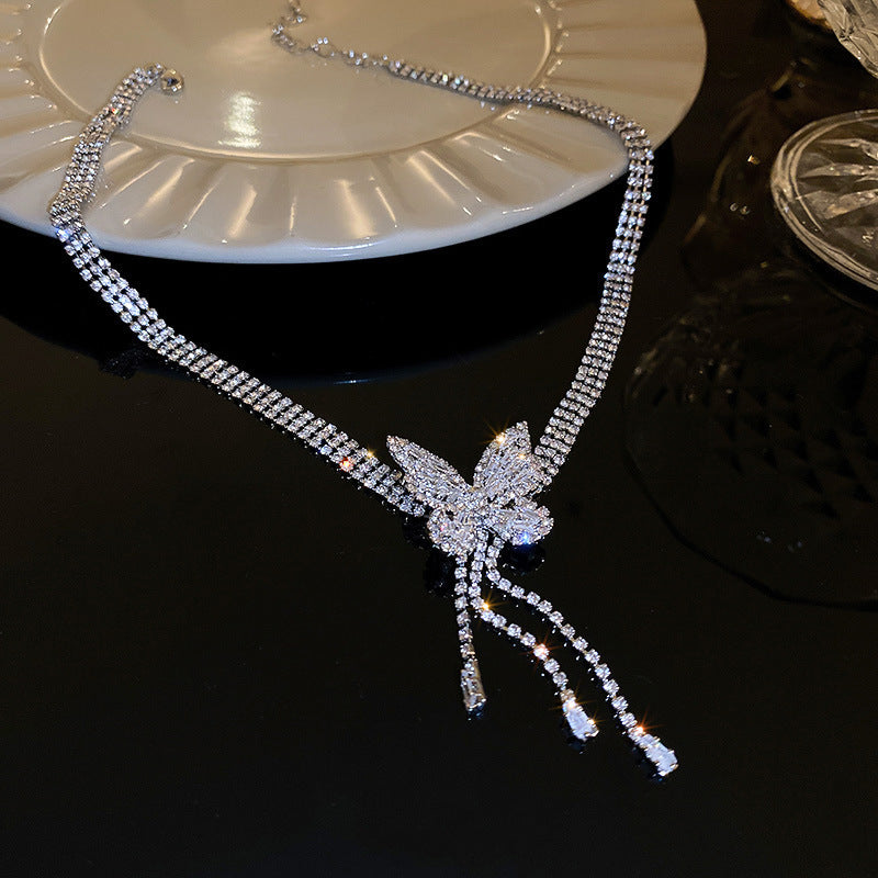 Korean Luxury Rhinestone Bow Pearl Tassel Necklace
