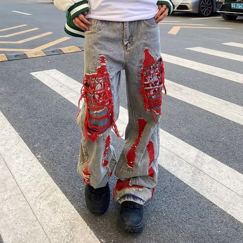 Hip Hop Distressed Straight Leg Denim Pants with Embroidery