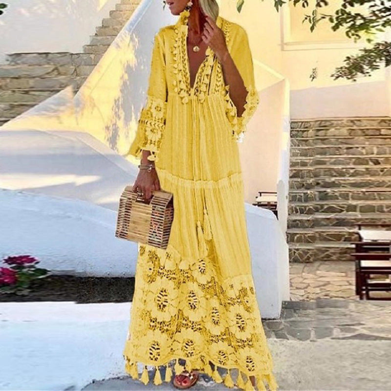 2021 Spring Bohemian Lace Tassel Beach Maxi Dress
