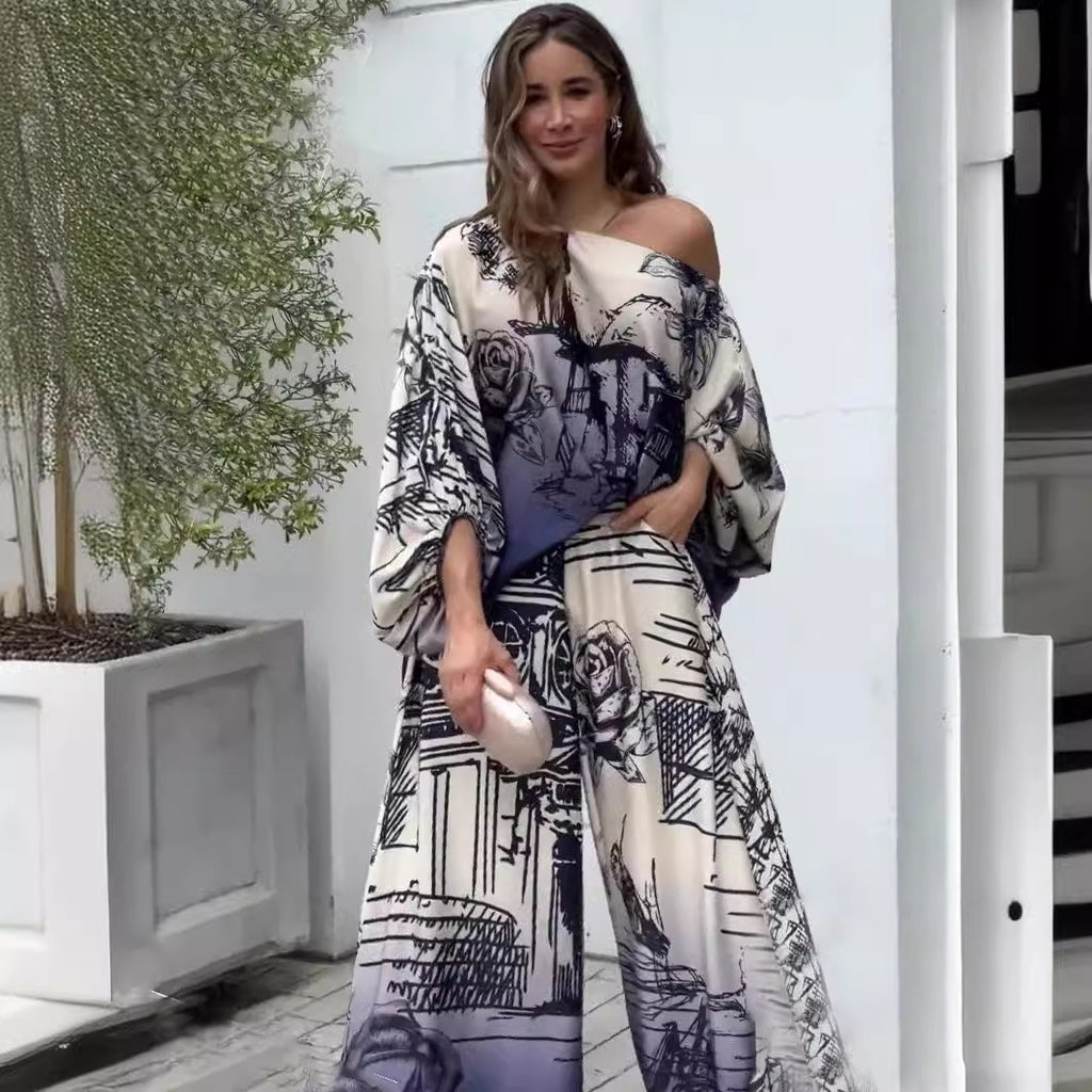 Fashion Long Sleeve Batwing Top & Wide Leg Pants Set