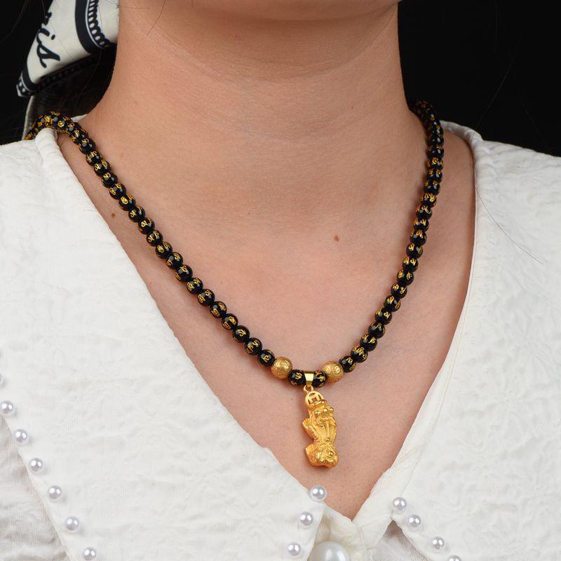 7A Black Agate Gold-plated Six-word Necklace with Pendant