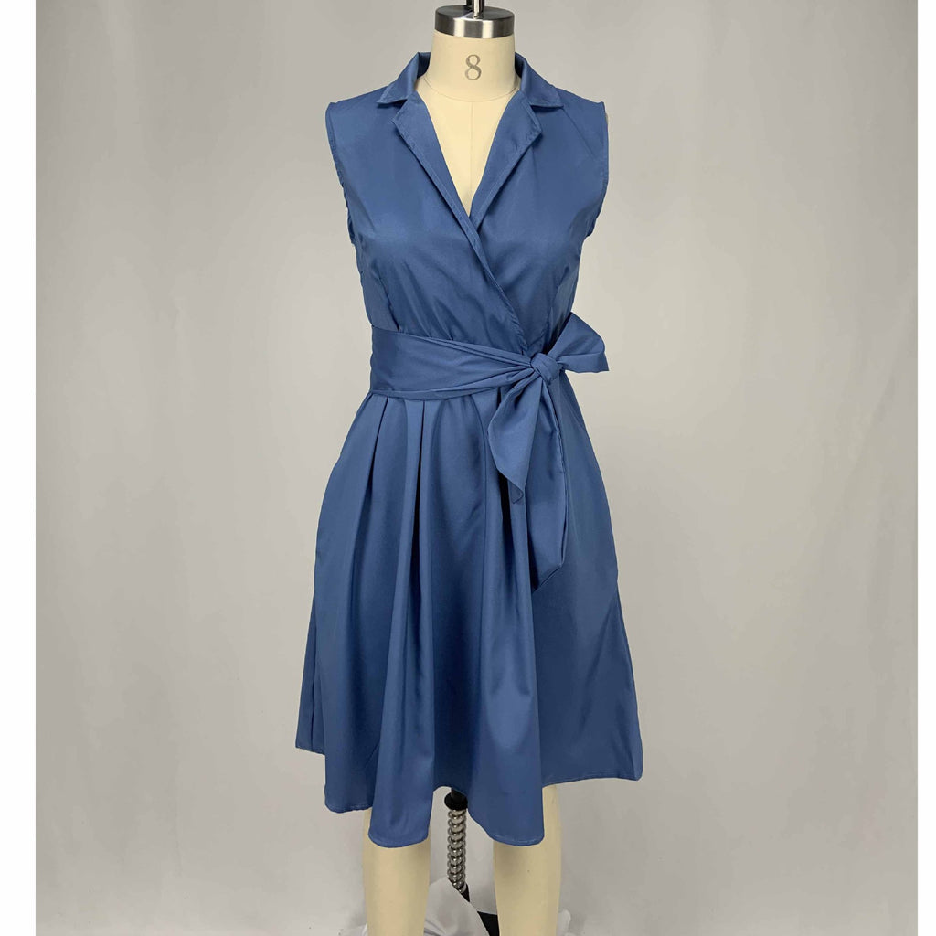 Cross-Border Women's Solid Color Midi Dress with Belt