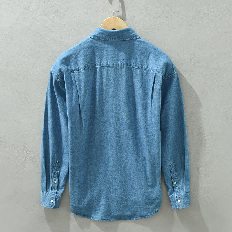 Men's Loose-Fit Vintage Blue Denim Shirt, Long Sleeve