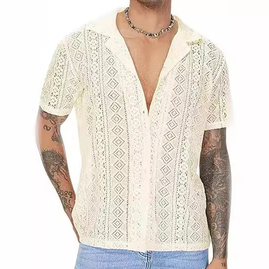 Men's Lace Short Sleeve Shirt with Floral Design