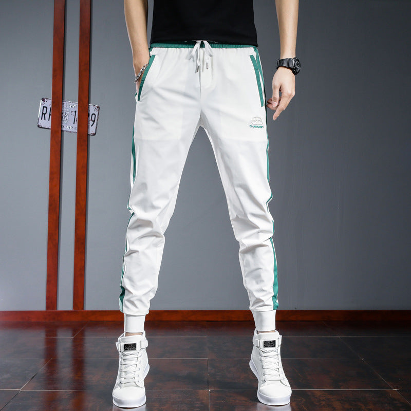 Men's Slim Fit White Sports Pants with Stripes