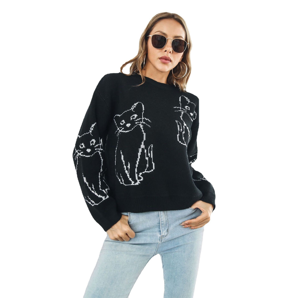 Loose-Fit Cat Pattern Sweater for Women, Fall/Winter