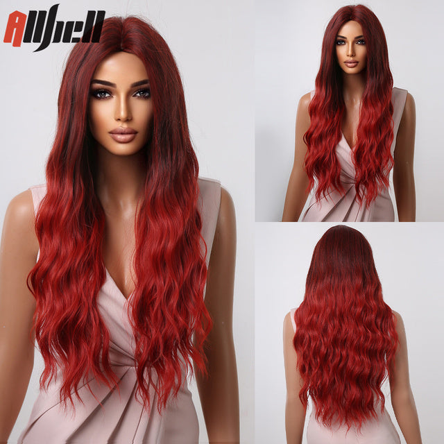 Gradient Red Long Curly Wig with Middle Part