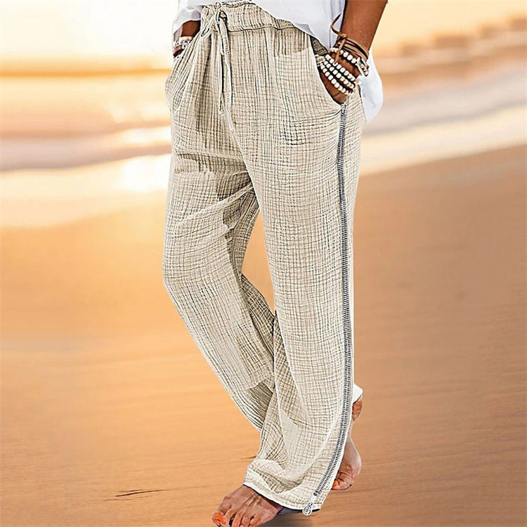 Men's Cotton Linen Beach Pants with Drawstring and Zipper