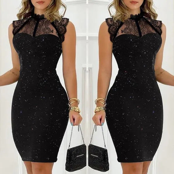 Fashionable Black Sequin Lace Sleeveless Dress Set