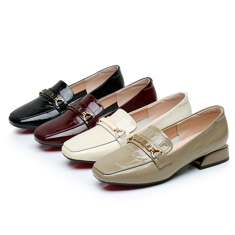 Square-Toe Patent Leather Stone Pattern Loafers for Women