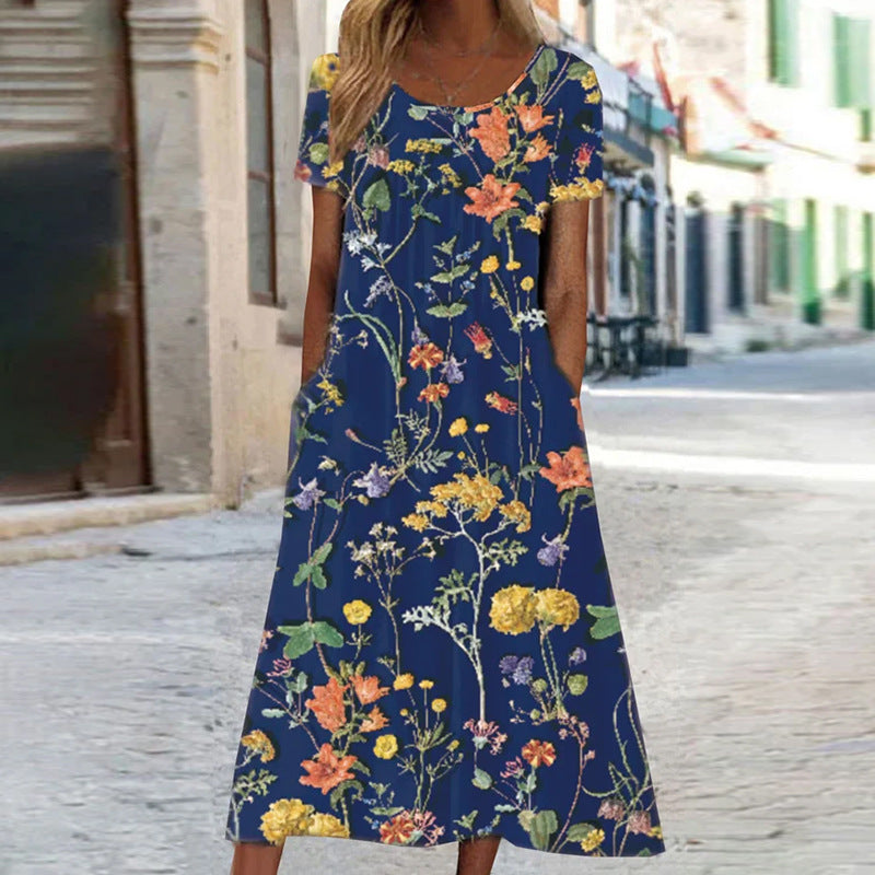 Loose Fit Short Sleeve Printed Bohemian Dress