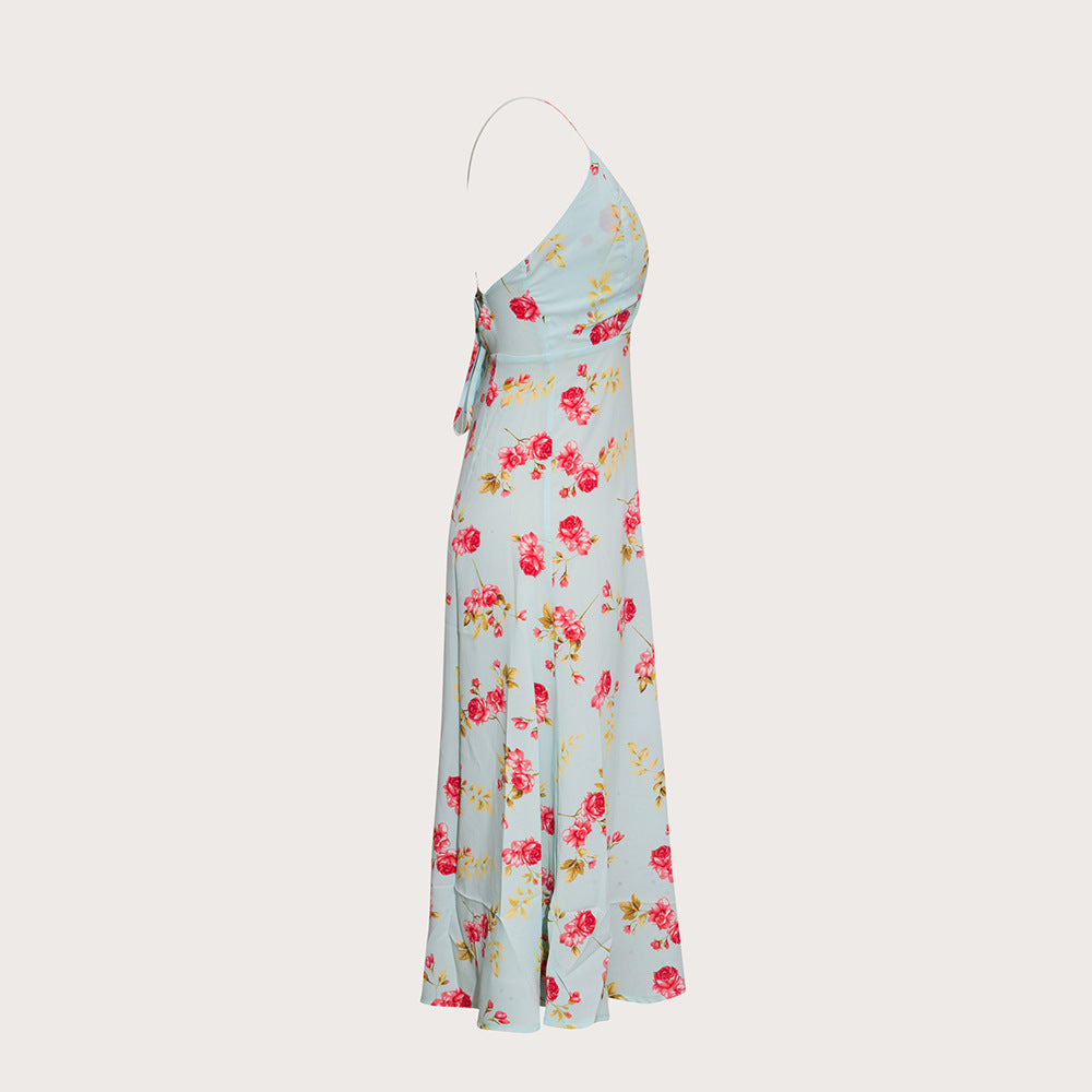 Elegant V-Neck Printed High-Waist Dress for Women