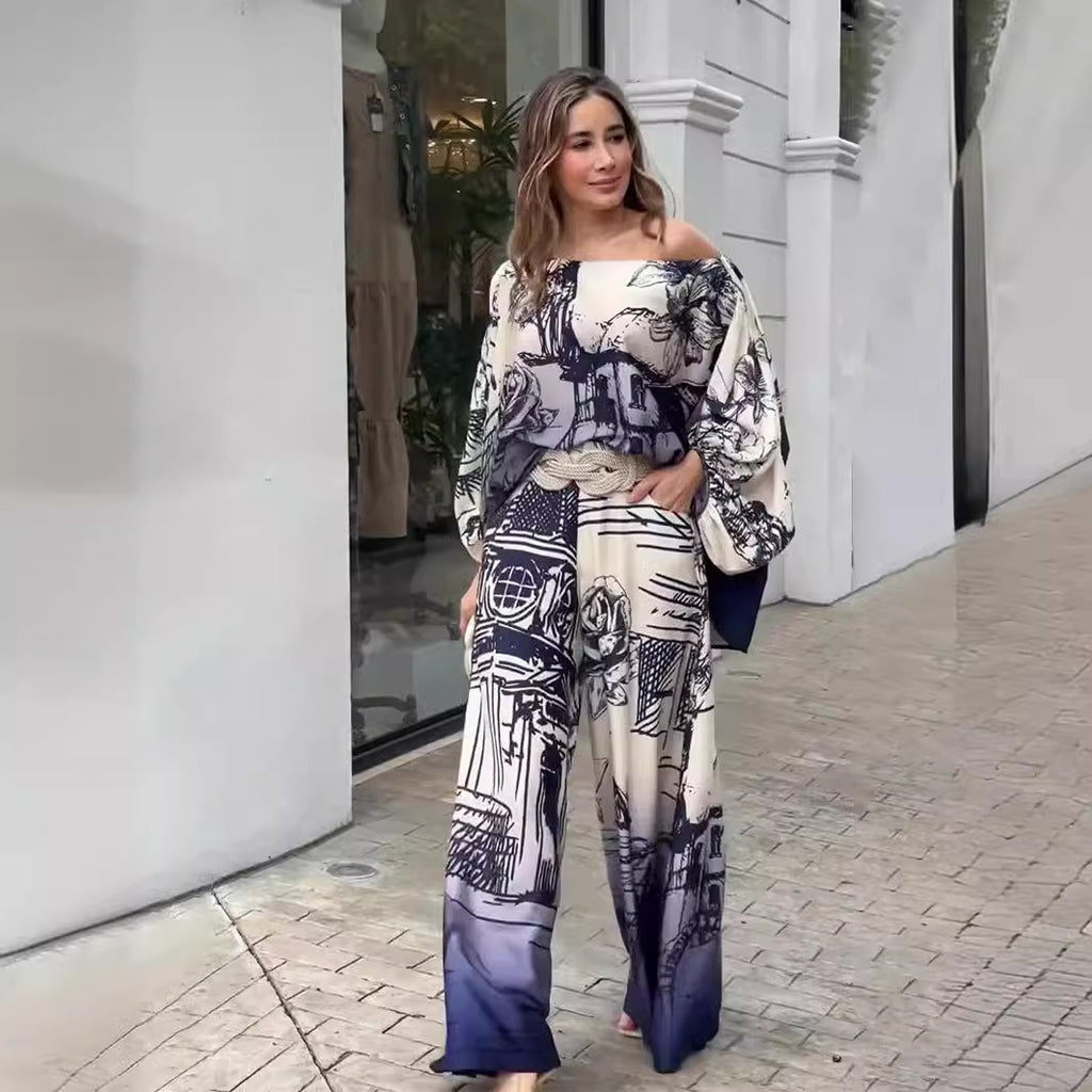 Fashion Long Sleeve Batwing Top & Wide Leg Pants Set