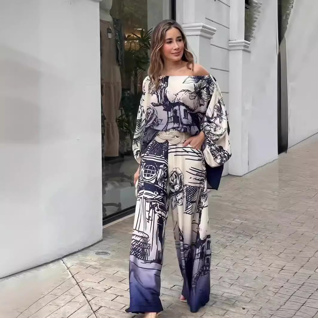 Fashion Long Sleeve Batwing Top & Wide Leg Pants Set