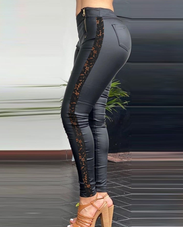 Lace-Trim Black Skinny Pants for Women - In Stock
