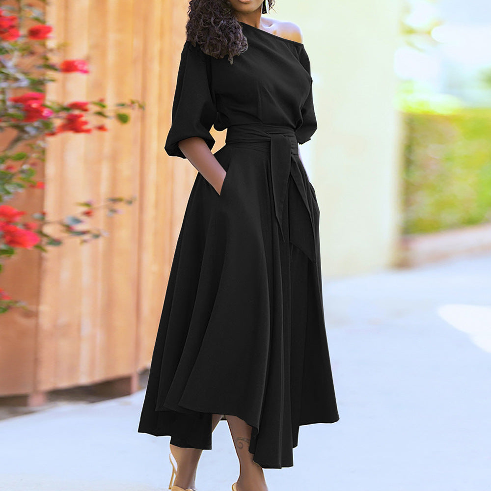 2023 Women's Solid Color Dress with Waist Tie