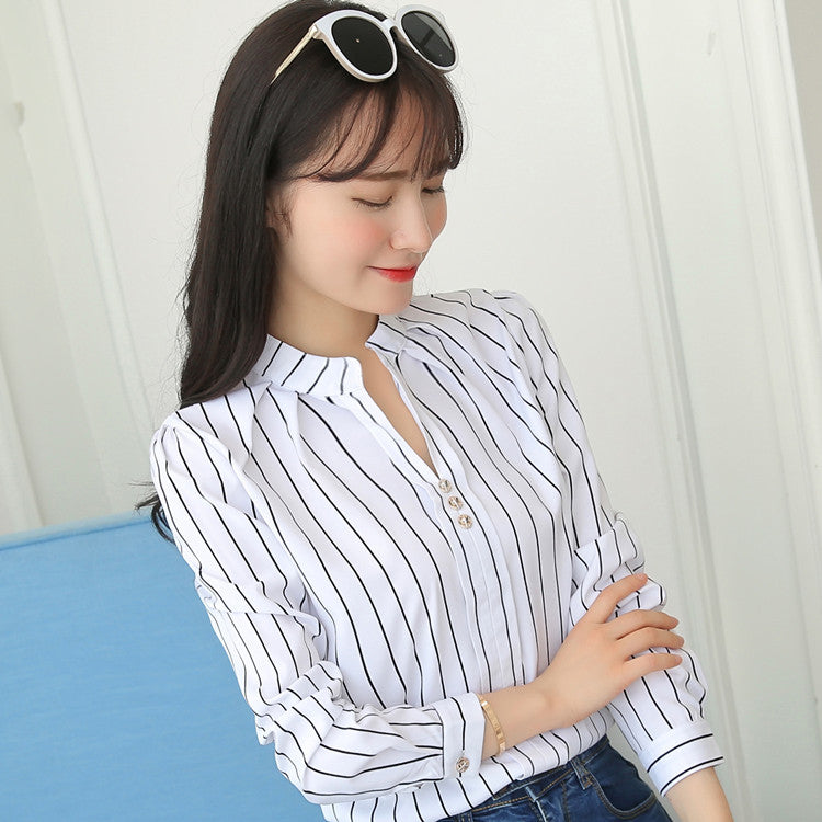 Loose Striped Stand Collar Women's Shirt - Long Sleeve Top