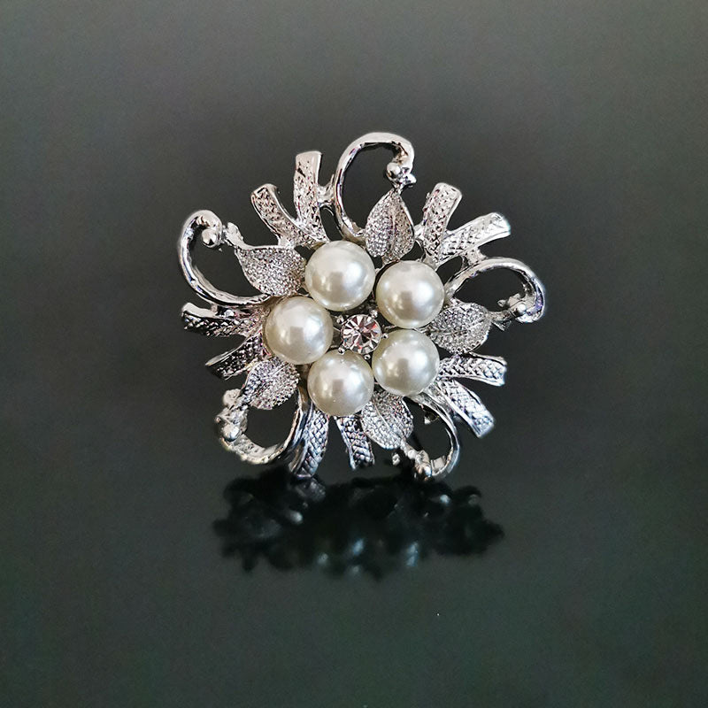 Korean Rhinestone Flower Brooch with Pearl Accents