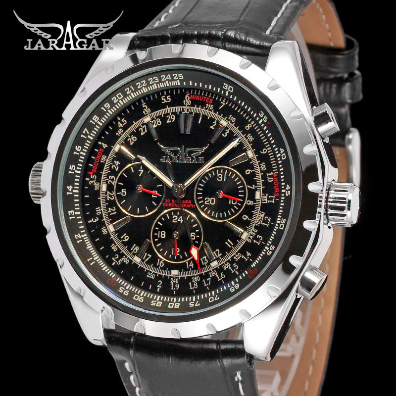 JARAGAR Black Three-Eye Six-Needle Automatic Watch