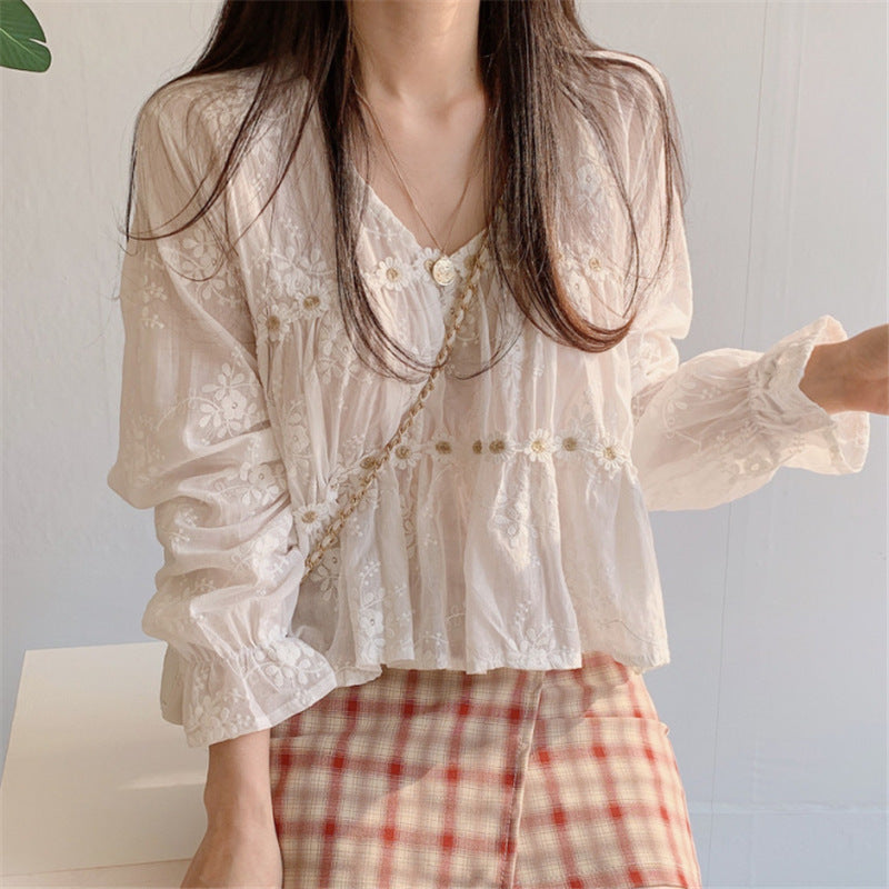 2022 Fall Design Korean Long Sleeve Lace Top