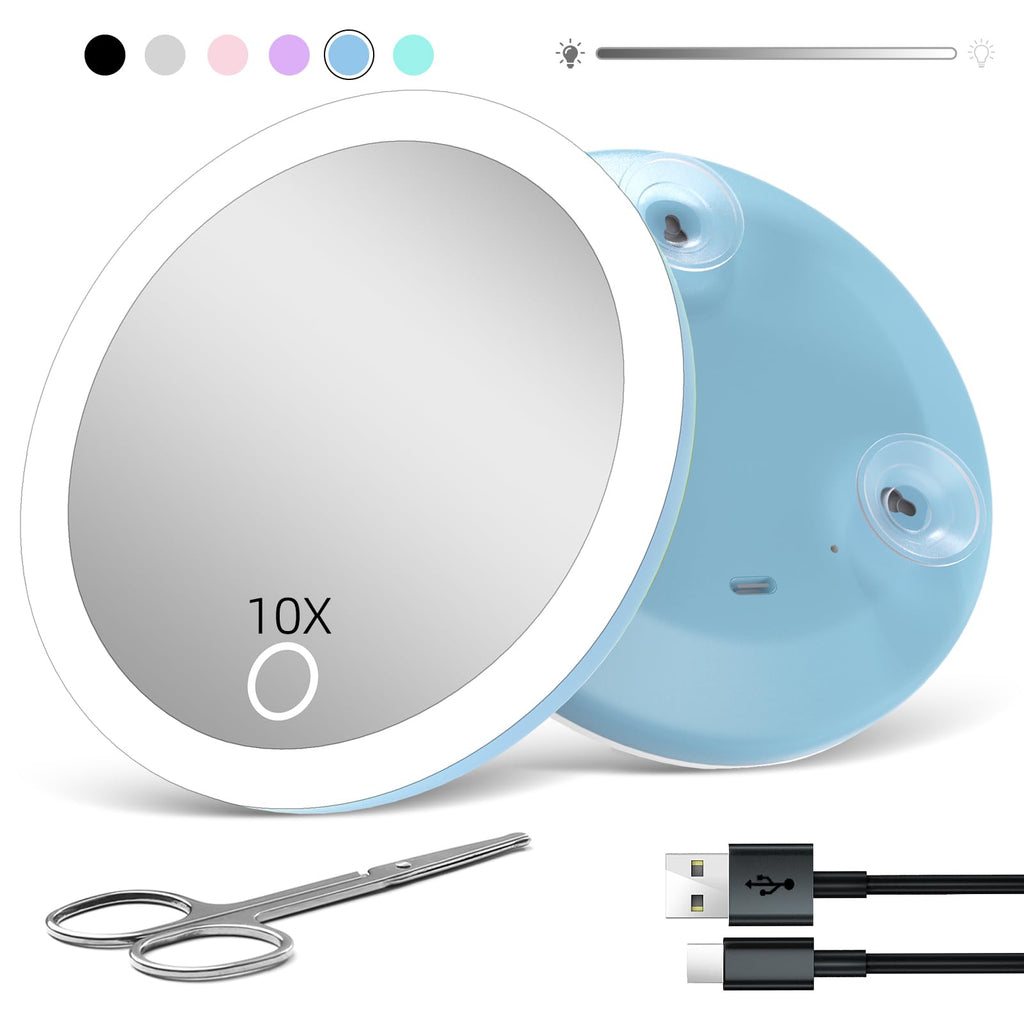 Travel Magnifying Mirror with Light 10X 4inch Rechargeable Lighted Magnified Mirror with Suction Cups Small Magnifying Mirror 10x High Magnification Compact Pocket Makeup Mirror with Scissors