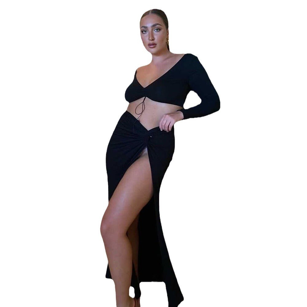 Summer New Women's Two-Piece V-Neck Crop Set with Skirt