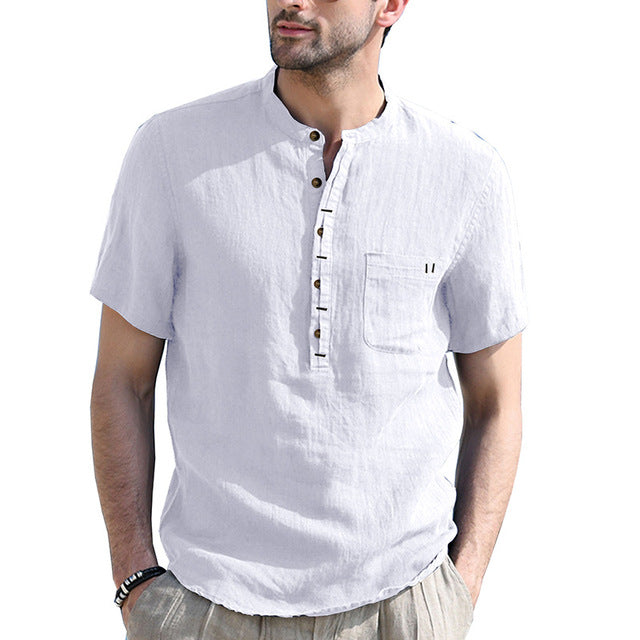 Men's Casual Cotton Linen Short Sleeve Polo Shirt