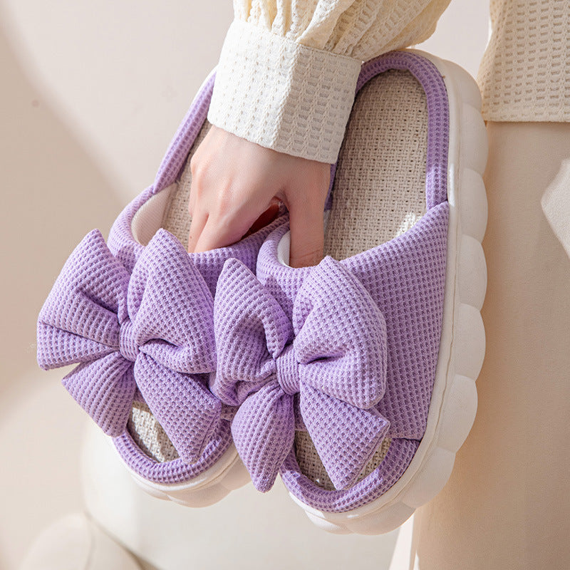 Solid Color Bow Knot Thick Sole Open Toe Slippers
