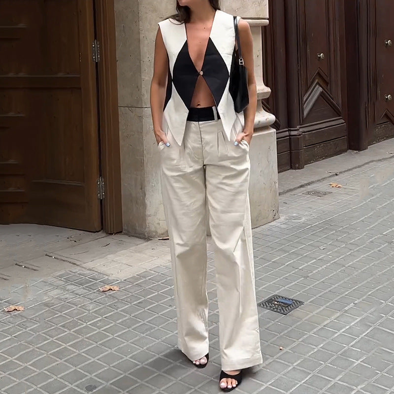 2023 Summer Women's Fashion Color-Block V-Neck Set