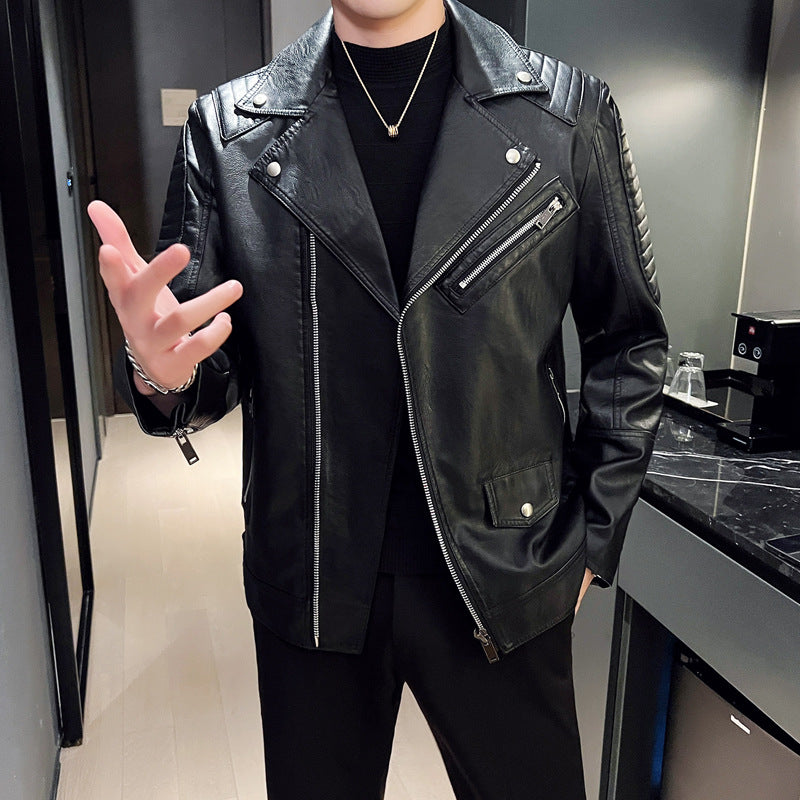 "Winter Slim Fit Men's Leather Jacket with Zipper Pockets"