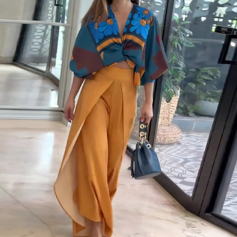 2023 Fall Fashion Print Batwing Top & High-Waist Pants Set