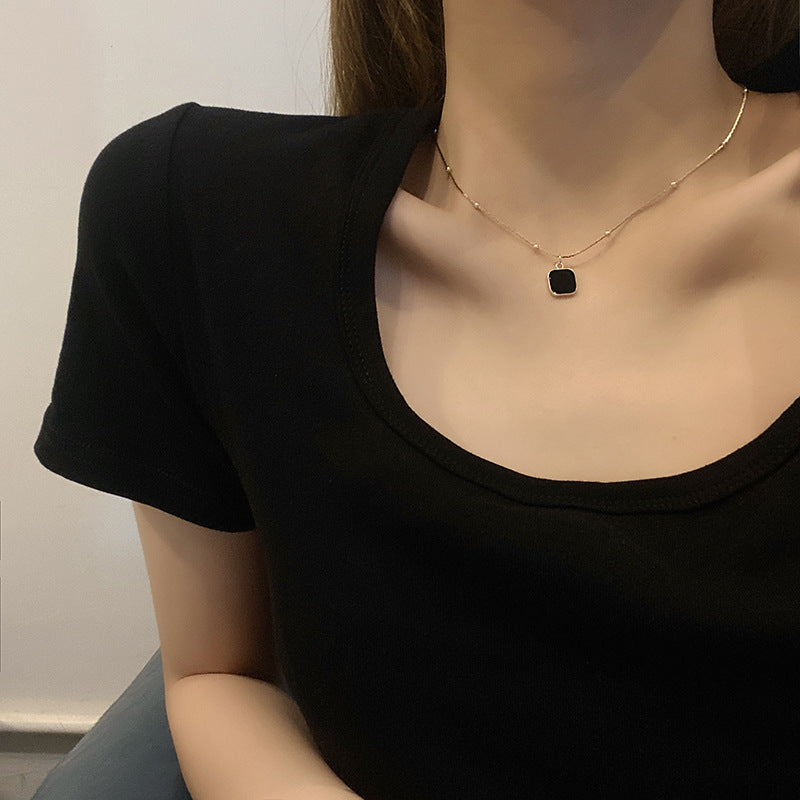 Black Square Pendant Choker Necklace for Women