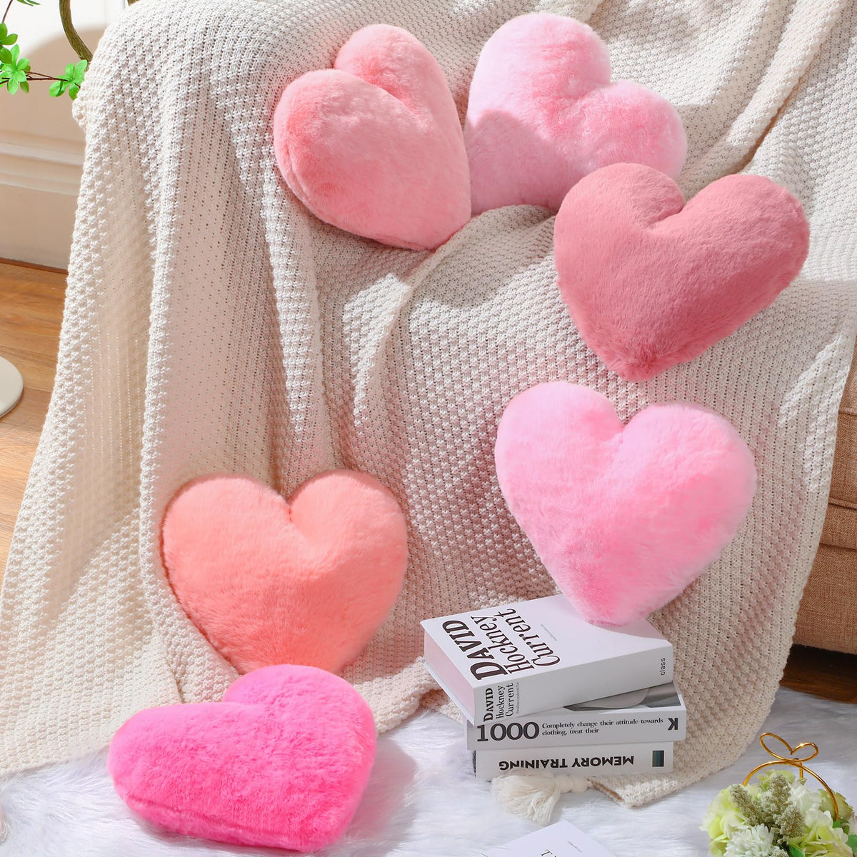 Liliful 6 Pcs Faux Rabbit Fur Heart Pillow Valentines Day Fluffy Heart Throw Pillows Cute Couch Pillows Soft Throw Cushion Decorative Pillows for Bed Sofa Girls Women(12 x 11 InchPink Series)