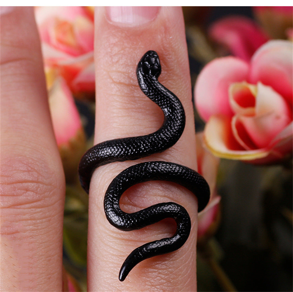 Geometric Adjustable Black Snake Ring for Women
