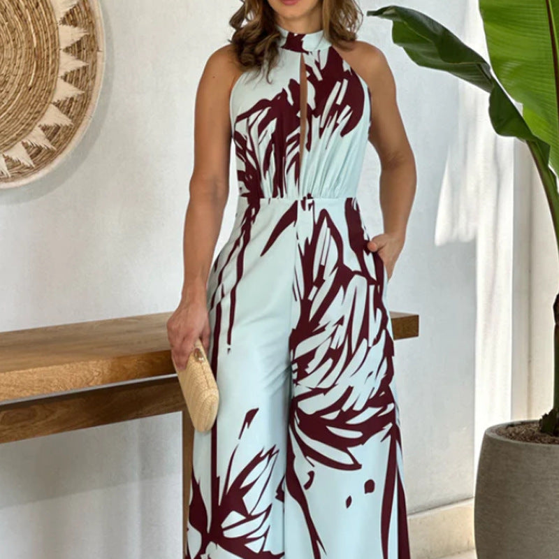 2023 Summer Women's Fashion High Neck Print Jumpsuit