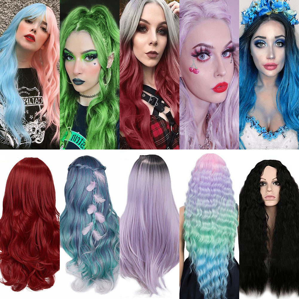 Ombre Pink Long Wavy Wig for Women (Synthetic Fiber)