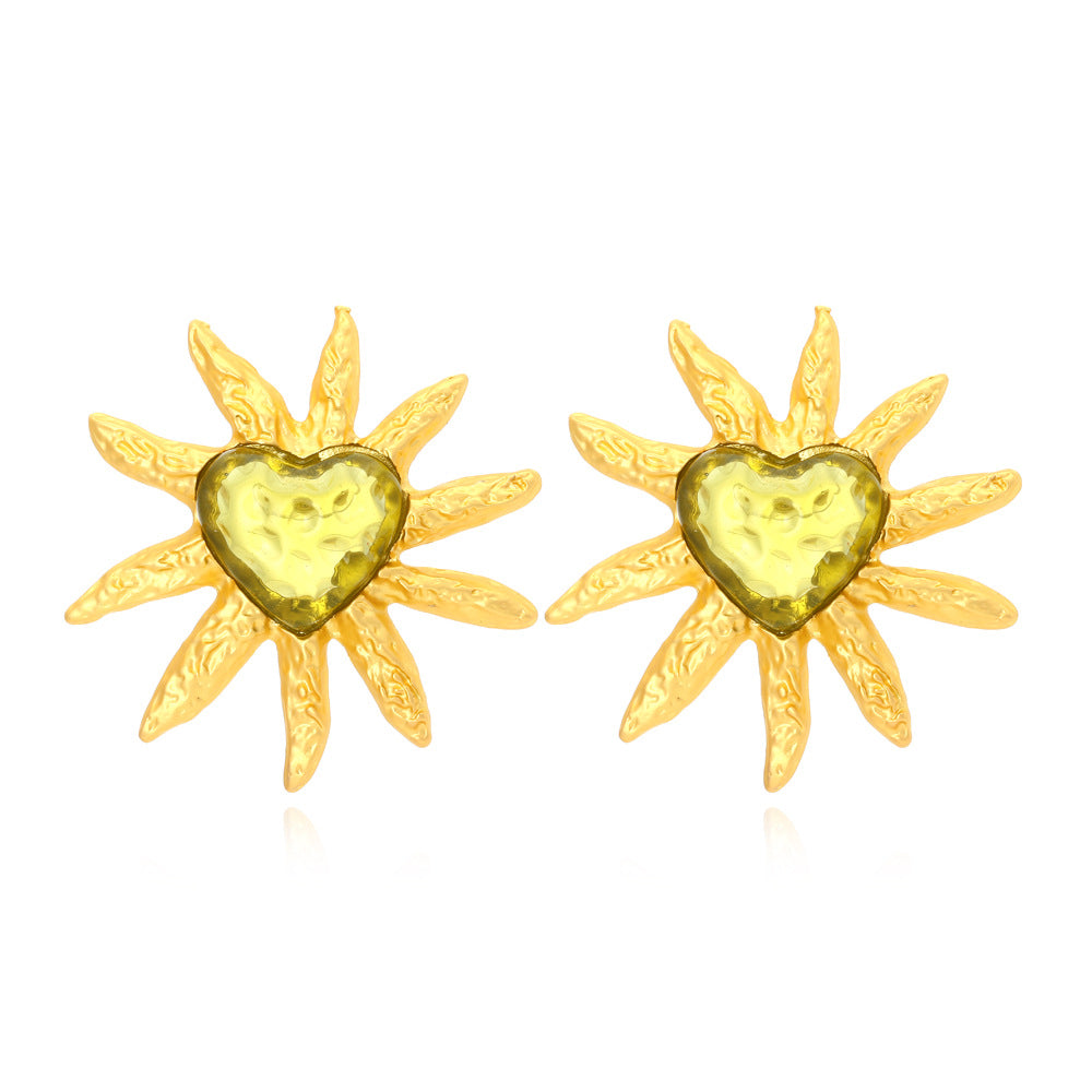 Vintage Heart Sunflower Earrings with Silver Pins for Women