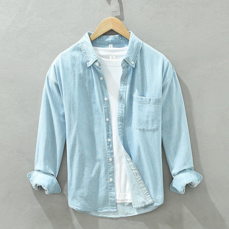 Men's Loose-Fit Vintage Blue Denim Shirt, Long Sleeve