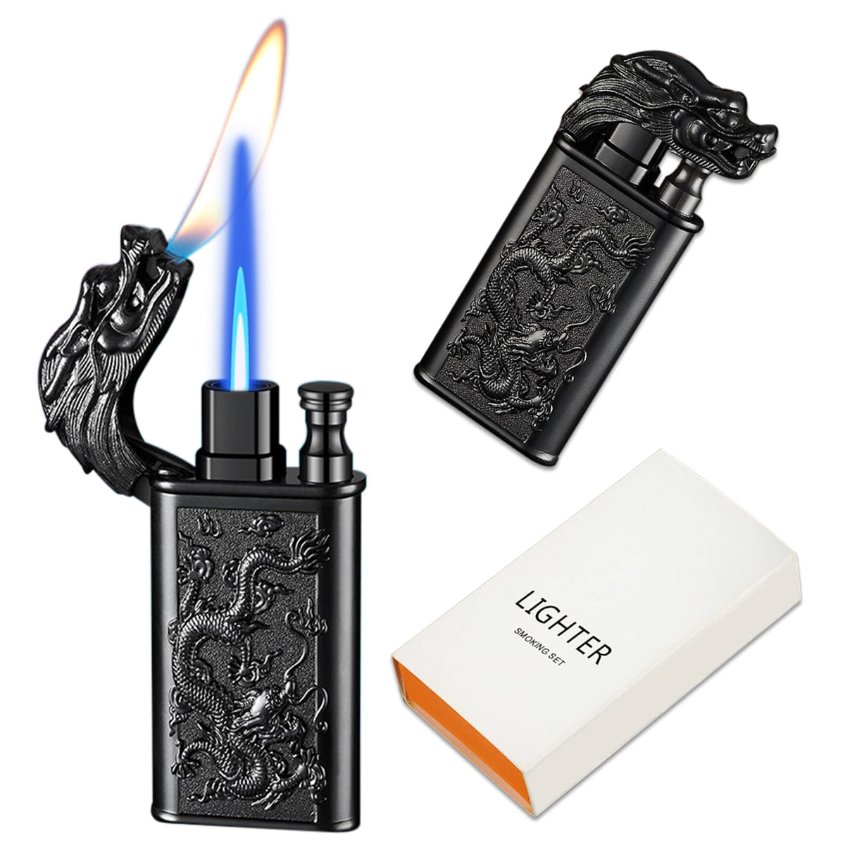 Torch Lighter Magic Dual Flame Dragon Lighter Windproof Adjustable Jet Flame and Soft Flame Refillable Butane Torch Lighter for Candle Kitchen Camping BBQ (Without Butane)-Black