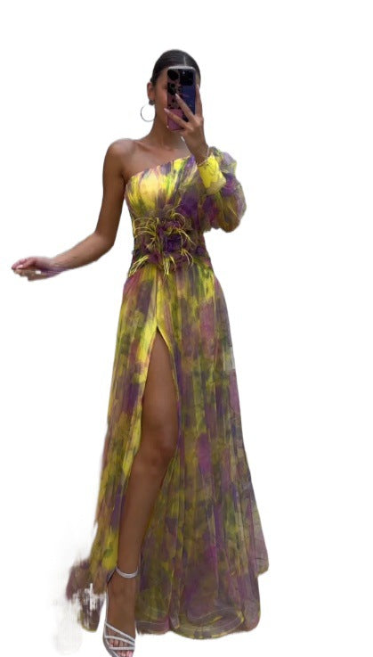 Summer Floral Long Sleeve Dress with Asymmetrical Shoulder