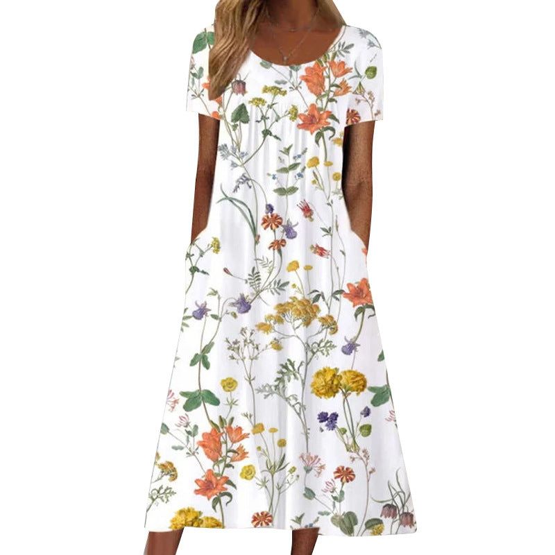 Loose Fit Short Sleeve Printed Bohemian Dress