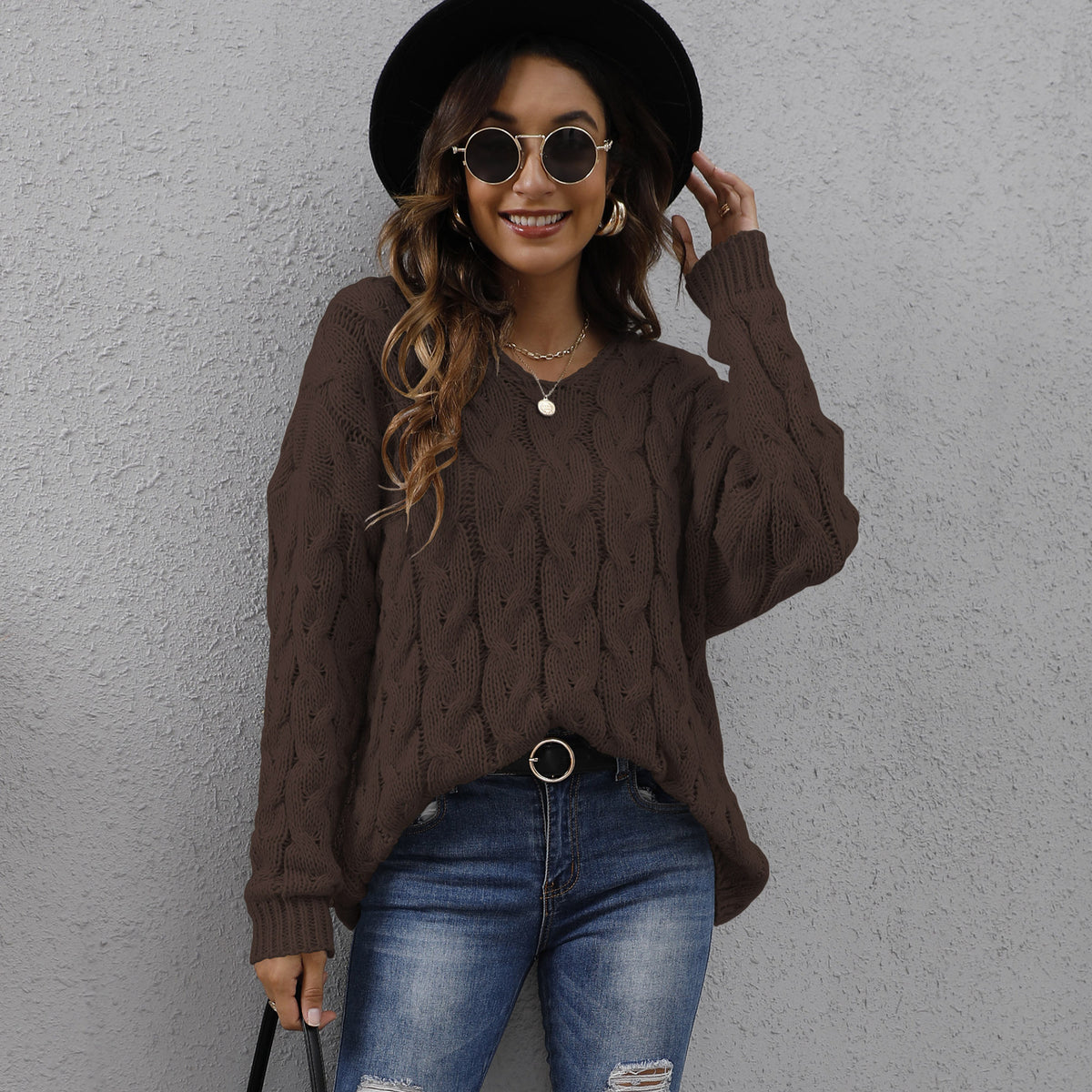 Fashionable Thick Knit V-Neck Hooded Sweater for Women
