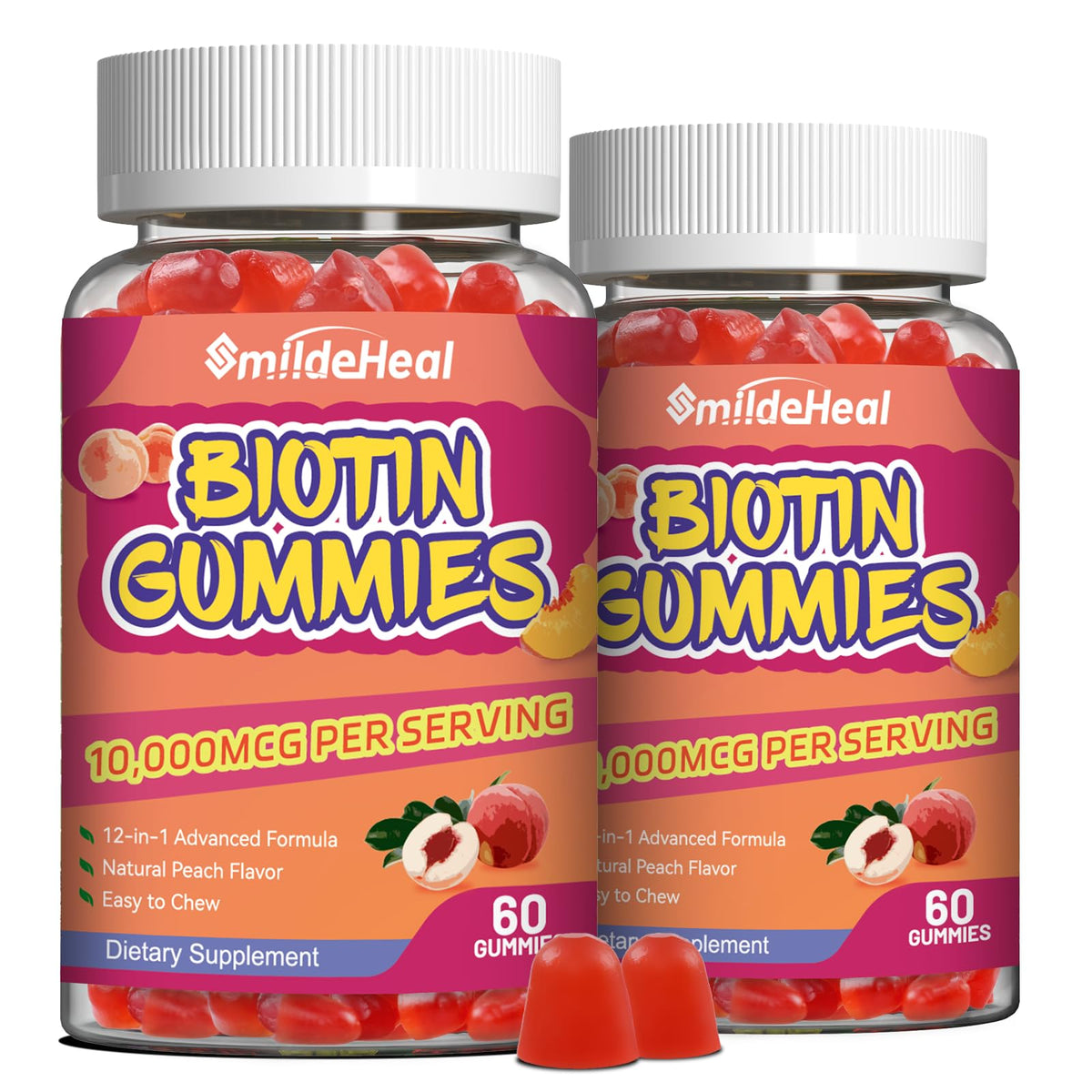SmildeHeal 2 Pack Biotin Gummies for Hair Growth 10000 mcg Hair Skin and Nails Gummies with Folic Acid Vitamins A B C E & D Vegan biotin Vitamins for Women & Men 120 Gummies